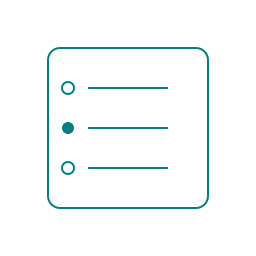 Teal three bullet list, with first and third bullets a round teal circle, second bullet teal filled circle, all with teal lines to right