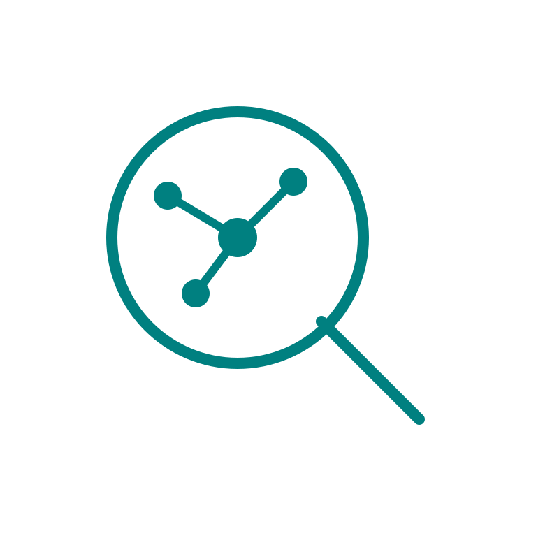 Icon of a magnifying glass over a connected network, representing diagnosing how systems are linked and where they break down.